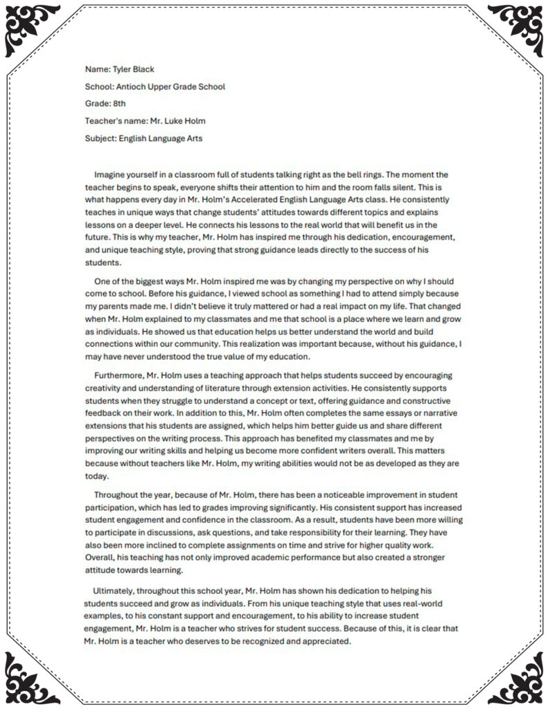 Tyler Black Teacher Essay
