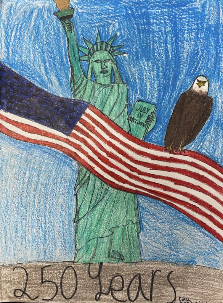 Color drawing of the Statue of Liberty, and eagle, and the American Flag